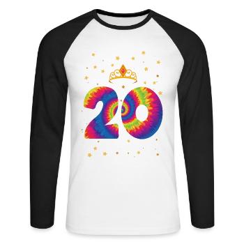 20th birthday Krone | Tie Dye Themed Birthday - Unisex Long Sleeve Baseball T-Shirt - white/black - Front - Nik (191cm)