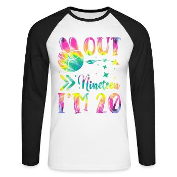 Peace Out Nineteen I'm 20 | Tie Dye Themed - Unisex Baseballshirt langarm - Weiß/Schwarz - Vorne - Nik (191cm)