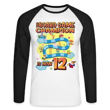 This board game Champion is now 12 | - Unisex Long Sleeve Baseball T-Shirt - white/black - Front - Nik (191cm)