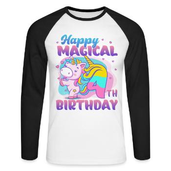 Joyeux magique 4ème anniversaire licorne - T-shirt baseball manches longues Homme - blanc/noir - Devant - Nik (191cm)