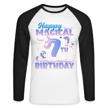 Happy Magical 7th Birthday Einhorn Pony - Unisex Baseballshirt langarm - Weiß/Schwarz - Vorne - Nik (191cm)