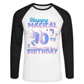 Happy Magical 10th Birthday Einhorn Pony - Unisex Baseballshirt langarm - Weiß/Schwarz - Vorne - Nik (191cm)