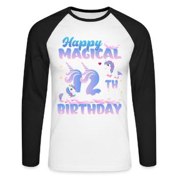 Happy Magical 12th Birthday Einhorn Pony - Unisex Baseballshirt langarm - Weiß/Schwarz - Vorne - Nik (191cm)