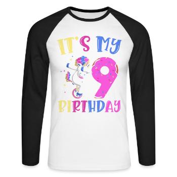 C’est mon 9 anniversaire dabbing licorne poney 9. - T-shirt baseball manches longues Homme - blanc/noir - Devant - Nik (191cm)