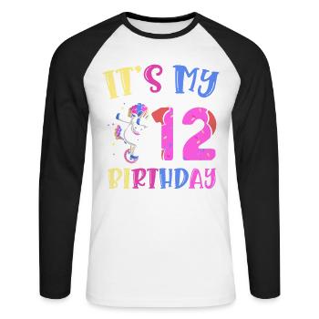 C’est mon 12e anniversaire Dabbing Unicorn Pony 12. - T-shirt baseball manches longues Homme - blanc/noir - Devant - Nik (191cm)