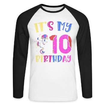 C’est mon 10e anniversaire Dabbing Unicorn Pony - T-shirt baseball manches longues Homme - blanc/noir - Devant - Nik (191cm)