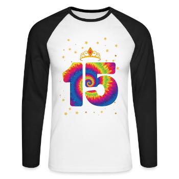 15th birthday Krone | Tie Dye Themed Birthday | - Unisex Long Sleeve Baseball T-Shirt - white/black - Front - Nik (191cm)