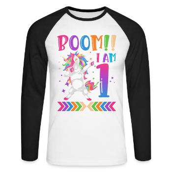 Boom!! I Am 1, Colorful Funny Unicorn 1. - Unisex Long Sleeve Baseball T-Shirt - white/black - Front - Nik (191cm)