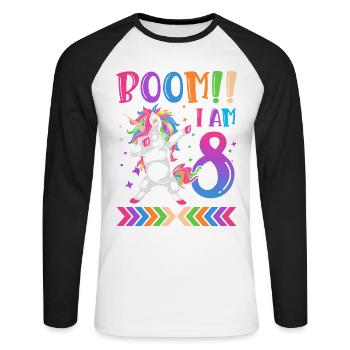 Boom!! Ich Bin 8, Buntes Lustiges Einhorn 8. - T-shirt baseball manches longues Homme - blanc/noir - Devant - Nik (191cm)