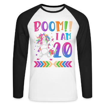 Boom!! Ich Bin 20, Buntes Lustiges Einhorn 20. - Unisex Long Sleeve Baseball T-Shirt - white/black - Front - Nik (191cm)