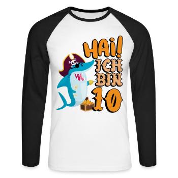 Hai! Ich Bin 10 Einäugiger Piraten Hai 10. - Unisex Baseballshirt langarm - Weiß/Schwarz - Vorne - Nik (191cm)