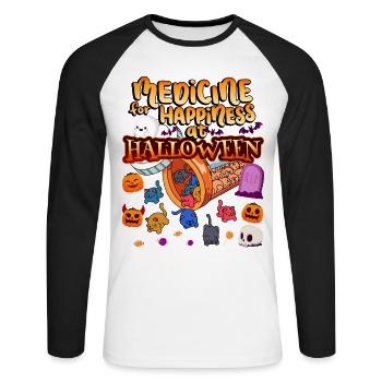 Medicine to Happiness on Halloween Clowder Of - Unisex Long Sleeve Baseball T-Shirt - white/black - Front - Nik (191cm)