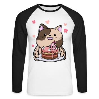 Un chat potelé tient un gâteau d’anniversaire 6. - T-shirt baseball manches longues Homme - blanc/noir - Devant - Nik (191cm)