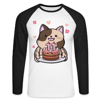 Un chat potelé tient un gâteau d’anniversaire 11. - T-shirt baseball manches longues Homme - blanc/noir - Devant - Nik (191cm)