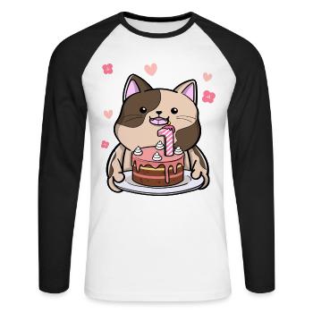 Un chat potelé tient un gâteau d’anniversaire 1ère année - T-shirt baseball manches longues Homme - blanc/noir - Devant - Nik (191cm)