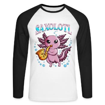 Molch Axolotle spielt Instrument Saxophon Saxolotl - Unisex Baseballshirt langarm - Weiß/Schwarz - Vorne - Nik (191cm)
