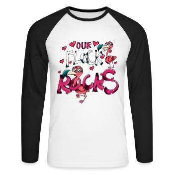 Pink Flamingo Costume Bird Our Flock Rocks - Unisex Long Sleeve Baseball T-Shirt - white/black - Front - Nik (191cm)