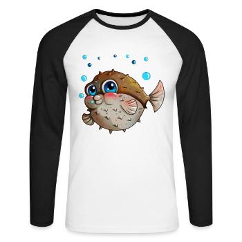 Kugelfisch mit Luftblasen Angler Kinder Geschenk - Unisex Baseballshirt langarm - Weiß/Schwarz - Vorne - Nik (191cm)