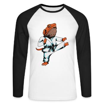 Karate Echse Sport Bartagame mit schwarzen Gürtel - Unisex Baseballshirt langarm - Weiß/Schwarz - Vorne - Nik (191cm)