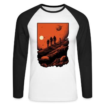 Eine Gruppe von Astronauten erkundet einen fremden Planeten - Unisex Baseballshirt langarm - Weiß/Schwarz - Vorne - Nik (191cm)