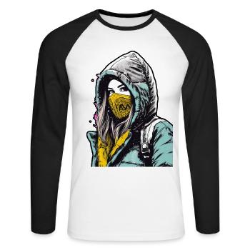 Hood woman wearing a face mask with a yellow - Unisex Long Sleeve Baseball T-Shirt - white/black - Front - Nik (191cm)