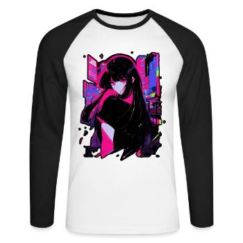 Anime girl kitsune posing, cute , fox, - Unisex Long Sleeve Baseball T-Shirt - white/black - Front - Nik (191cm)