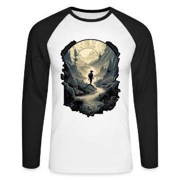 Wilderness Explorer, Menschensilhouette im Wald - Unisex Baseballshirt langarm - Weiß/Schwarz - Vorne - Nik (191cm)