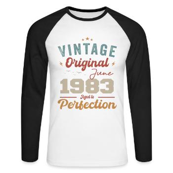 June 1983 Aged to Perfection June 1983 vintage - Unisex Long Sleeve Baseball T-Shirt - white/black - Front - Nik (191cm)