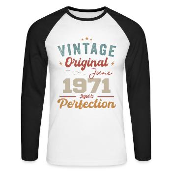 June 1971 Aged to Perfection June 1971 vintage - Unisex Long Sleeve Baseball T-Shirt - white/black - Front - Nik (191cm)