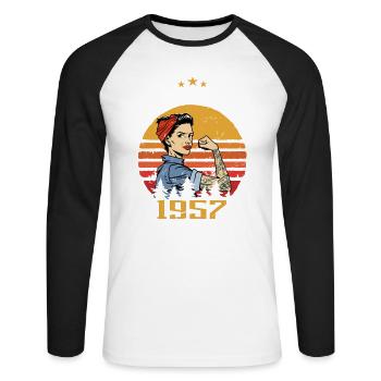 Millésime 1957 - Né en Juin 1957 - T-shirt baseball manches longues Homme - blanc/noir - Devant - Nik (191cm)