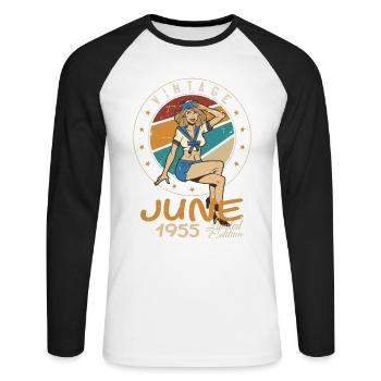 Vintage 1955 - Born In June 1955 - Unisex Long Sleeve Baseball T-Shirt - white/black - Front - Nik (191cm)