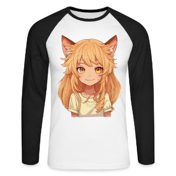 Kemonomimi Anime Manga Kawaii Chibi Girl Personnage - T-shirt baseball manches longues Homme - blanc/noir - Devant - Nik (191cm)