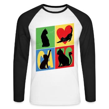 Cat Silhouettes Cat Lover Vintage Retro - Unisex Long Sleeve Baseball T-Shirt - white/black - Front - Nik (191cm)