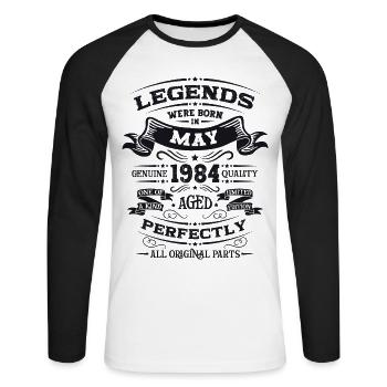 Légende Mai 1984 Millésime 1984 Anniversaire 1984 - T-shirt baseball manches longues Homme - blanc/noir - Devant - Nik (191cm)