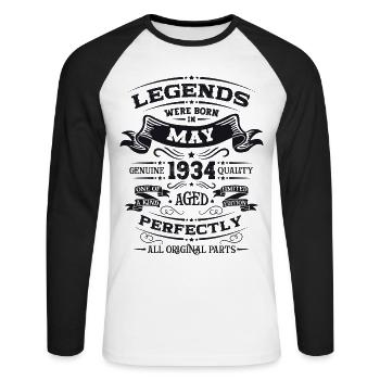 Legend May 1934 Born 1934 Birthday 1934 - Unisex Long Sleeve Baseball T-Shirt - white/black - Front - Nik (191cm)