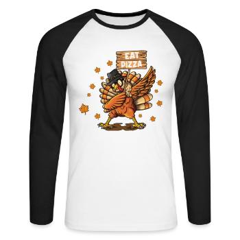Truthahn trägt Hut Brille macht Dabbing Eat Pizza - Unisex Baseballshirt langarm - Weiß/Schwarz - Vorne - Nik (191cm)