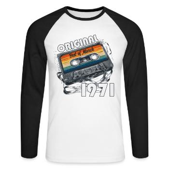 55ème anniversaire cadeau mari cassette mars 1971 - T-shirt baseball manches longues Homme - blanc/noir - Devant - Nik (191cm)