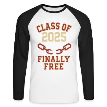 Class of 2025 – Graduation Finally Free - Unisex Long Sleeve Baseball T-Shirt - white/black - Front - Nik (191cm)