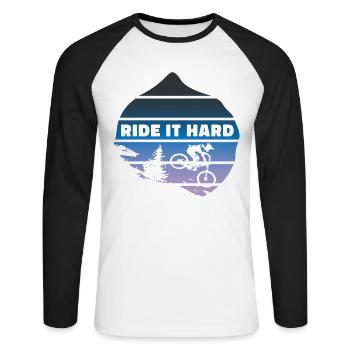 Downhill -"Ride it Hard"- MTB | Mountainbiker - Unisex Baseballshirt langarm - Weiß/Schwarz - Vorne - Nik (191cm)