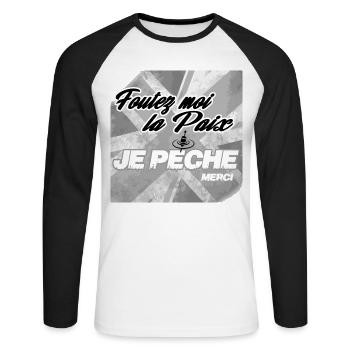 Pêche : Foutez-moi-la-paix - T-shirt baseball manches longues Homme - blanc/noir - Devant - Nik (191cm)
