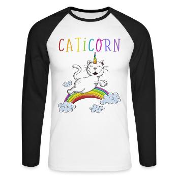 Drôle de chat Caticorn - Unicorn Cats Rainbow - T-shirt baseball manches longues Homme - blanc/noir - Devant - Nik (191cm)