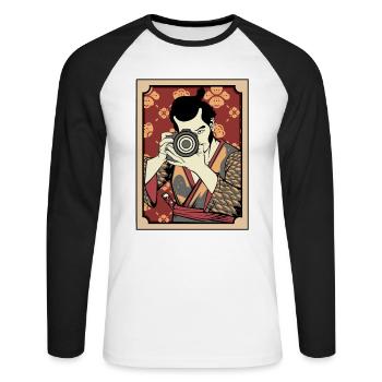 Kimono Kamera Portrait - Unisex Baseballshirt langarm - Weiß/Schwarz - Vorne - Nik (191cm)
