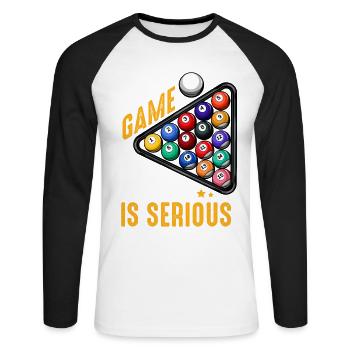 Leben ist ein Spiel: Billard Ernst - Unisex Baseballshirt langarm - Weiß/Schwarz - Vorne - Nik (191cm)