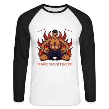 Kickboxen Feuer: Erste Lektion Frei - Unisex Baseballshirt langarm - Weiß/Schwarz - Vorne - Nik (191cm)