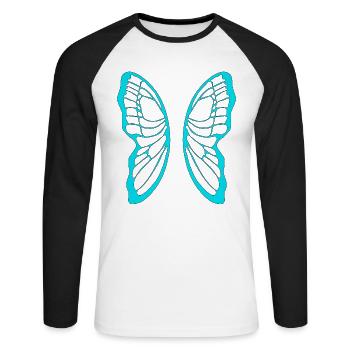 Motif d’ailes de papillon turquoise sur fond noir - T-shirt baseball manches longues Homme - blanc/noir - Devant - Nik (191cm)