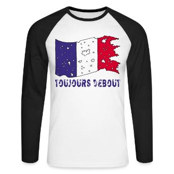 Drapeau français déchiré mais toujours debout ! - T-shirt baseball manches longues Homme - blanc/noir - Devant - Nik (191cm)