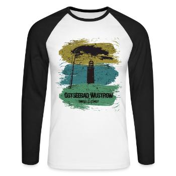 Wustrow Ostsee - DarssCoast - Halbinsel Darss - Unisex Baseballshirt langarm - Weiß/Schwarz - Vorne - Nik (191cm)