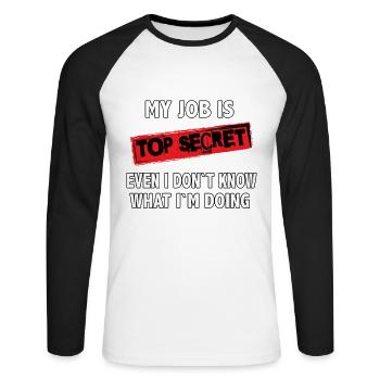 Humorous mystery design for work - Unisex Long Sleeve Baseball T-Shirt - white/black - Front - Nik (191cm)