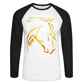 Équitation - Cavalier - Tête de cheval - Cheval d’or - T-shirt baseball manches longues Homme - blanc/noir - Devant - Nik (191cm)