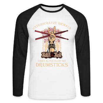 Batteur batteur - vieil homme avec des baguettes - T-shirt baseball manches longues Homme - blanc/noir - Devant - Nik (191cm)